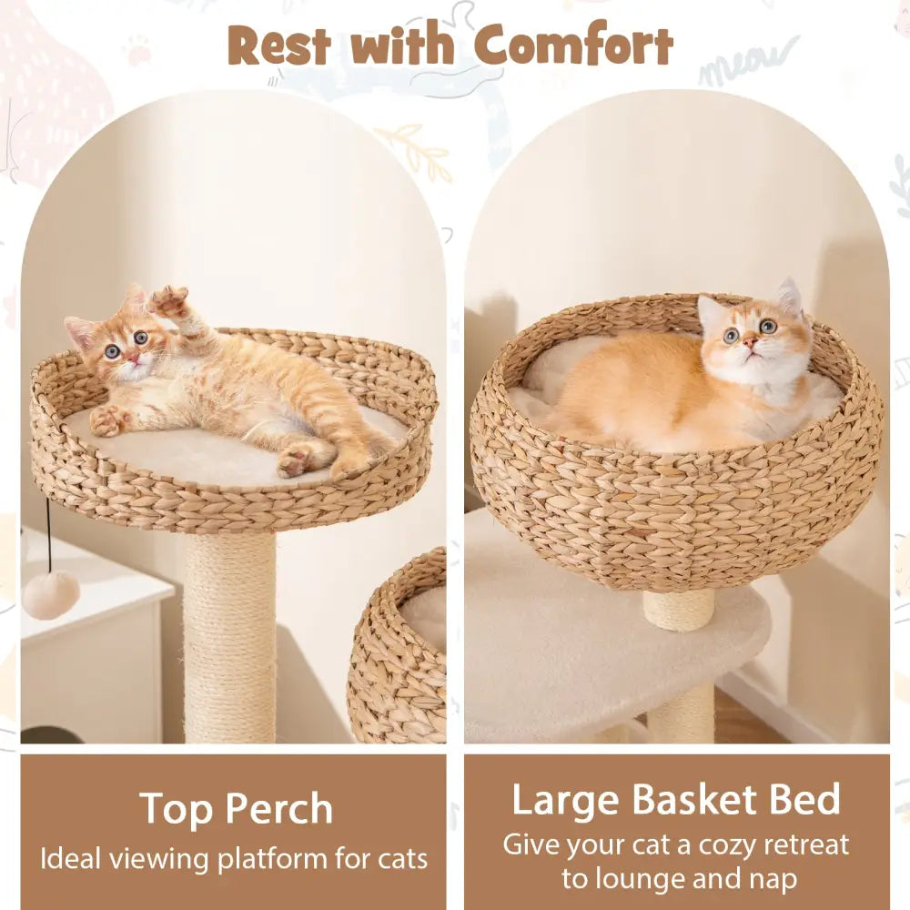 41 Inch Rattan Cat Tree with Napping Perch-White - White - Cat Trees Condos & Scratchers