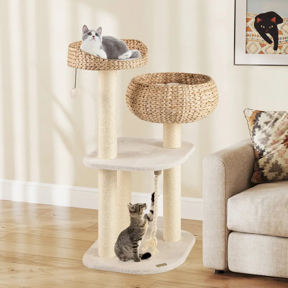 41 Inch Rattan Cat Tree with Napping Perch-White - White - Cat Trees Condos & Scratchers
