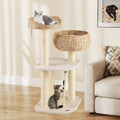 41 Inch Rattan Cat Tree with Napping Perch-White - White - Cat Trees Condos & Scratchers