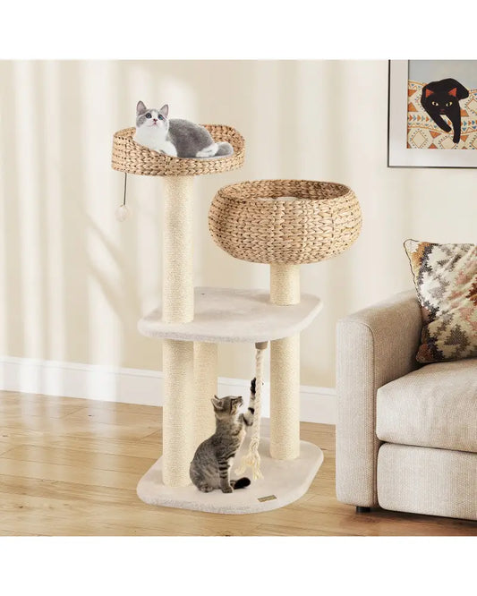 41 Inch Rattan Cat Tree with Napping Perch-White - White - Cat Trees Condos & Scratchers