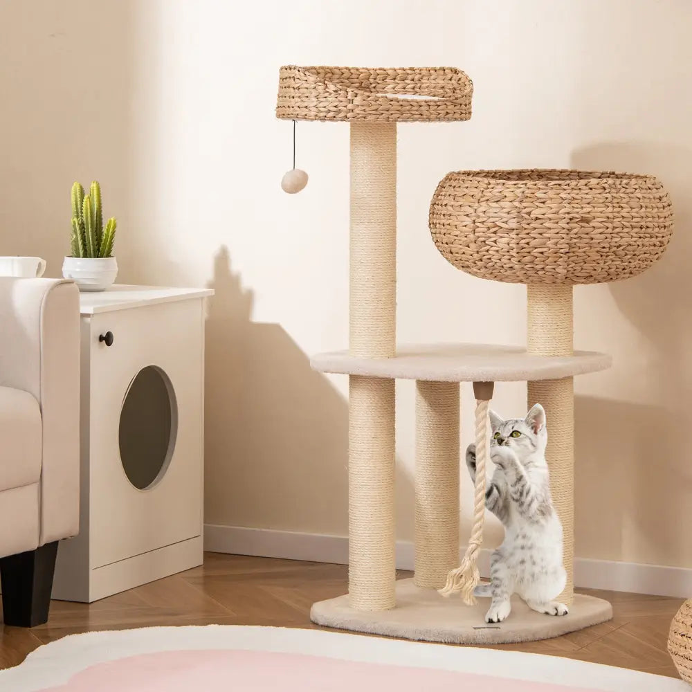 41 Inch Rattan Cat Tree with Napping Perch-White - White - Cat Trees Condos & Scratchers