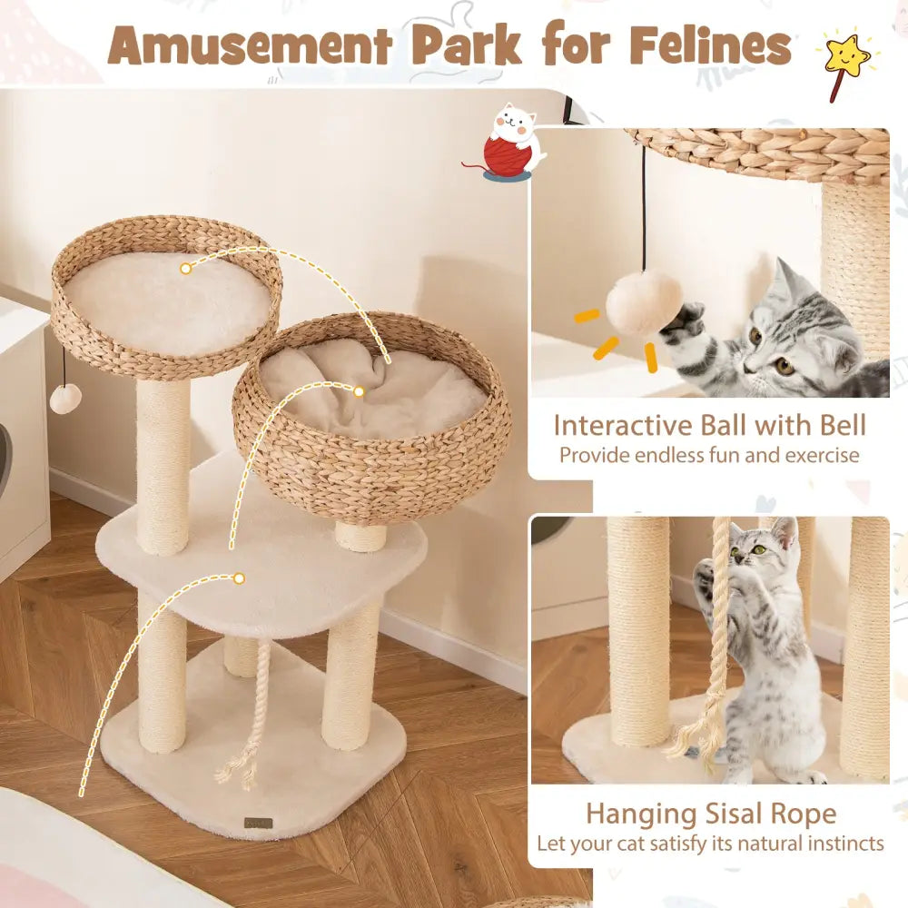 41 Inch Rattan Cat Tree with Napping Perch-White - White - Cat Trees Condos & Scratchers