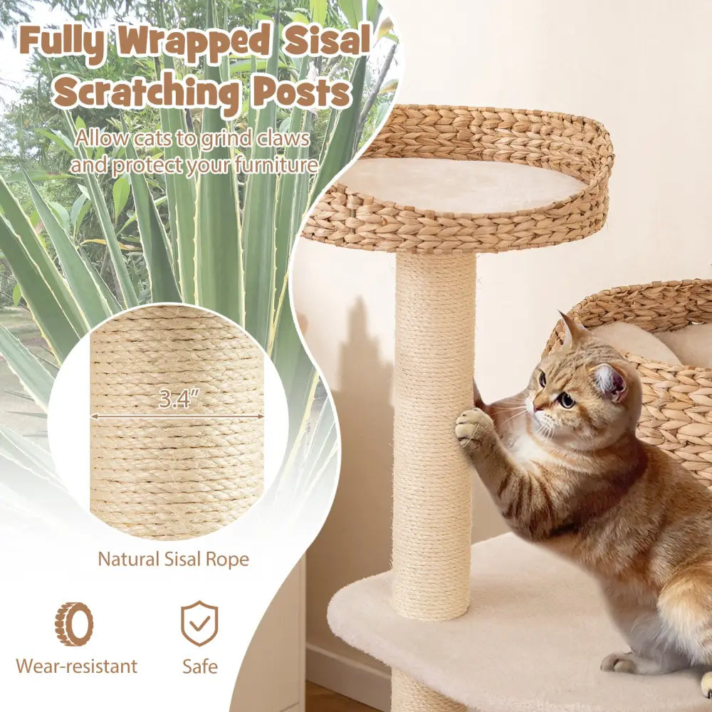 41 Inch Rattan Cat Tree with Napping Perch-White - White - Cat Trees Condos & Scratchers
