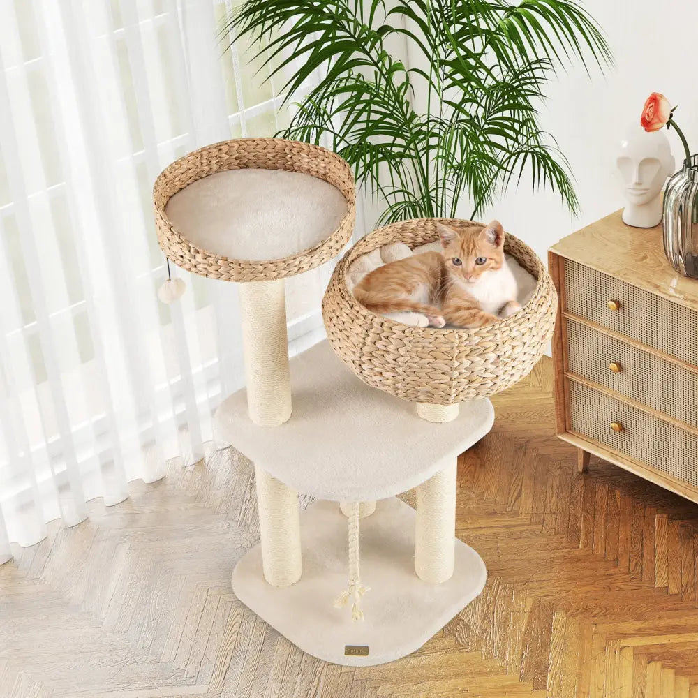 41 Inch Rattan Cat Tree with Napping Perch-White - White - Cat Trees Condos & Scratchers