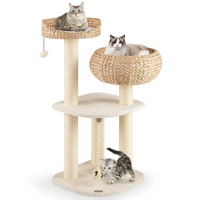 41 Inch Rattan Cat Tree with Napping Perch - White - Oasis Home Essentials