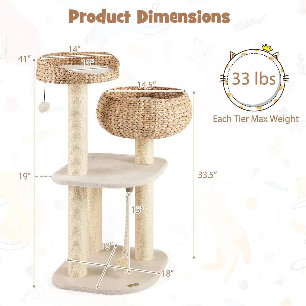 41 Inch Rattan Cat Tree with Napping Perch-White - White - Cat Trees Condos & Scratchers