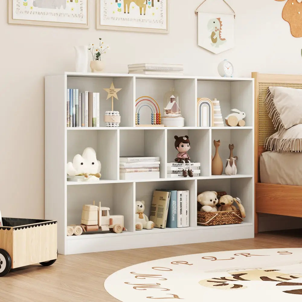 41 inches Wooden Toy Storage Organizer with 10 Cubes for Classroom Daycare Nursery Kindergarten-White - White - Kids