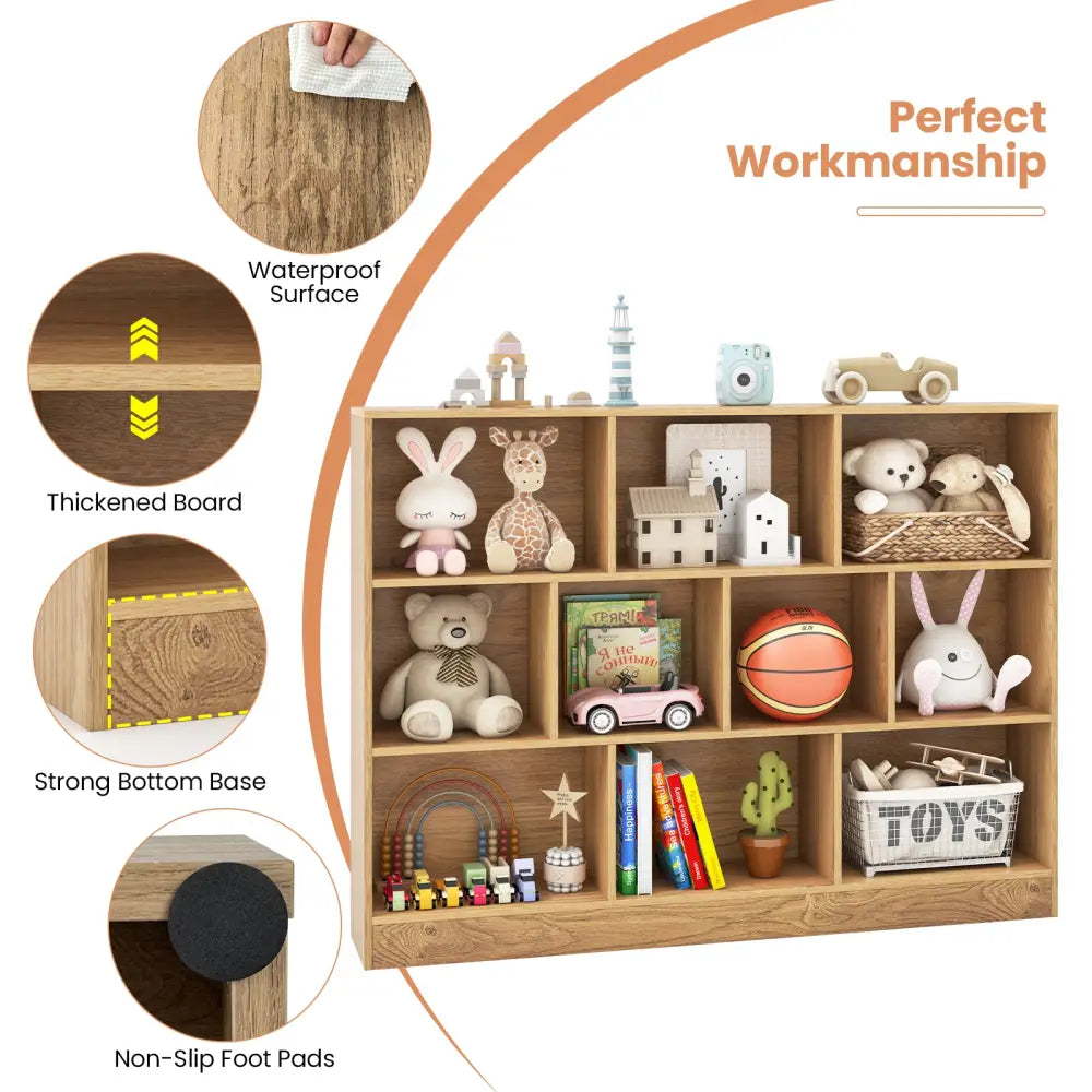 41 inches Wooden Toy Storage Organizer with 10 Cubes for Classroom Daycare Nursery Kindergarten-Natural - Natural