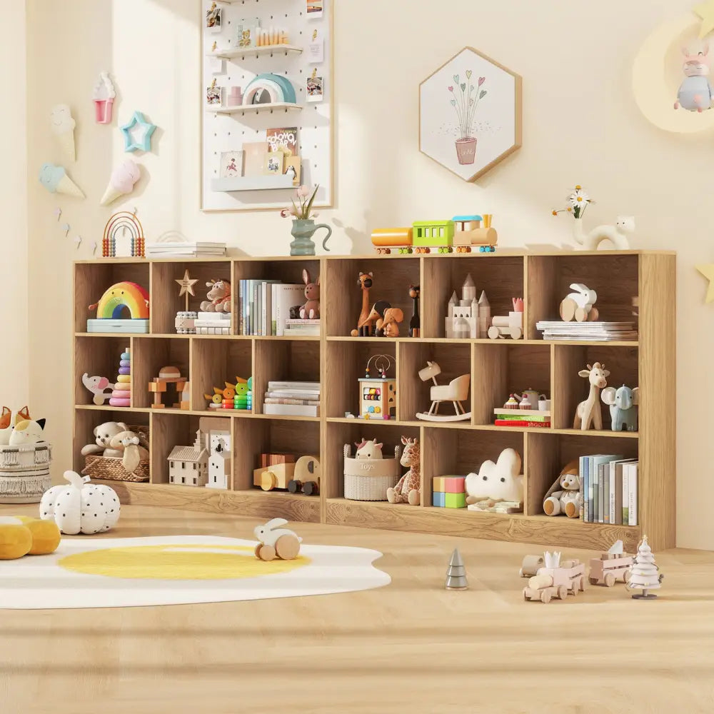 41 inches Wooden Toy Storage Organizer with 10 Cubes for Classroom Daycare Nursery Kindergarten-Natural - Natural