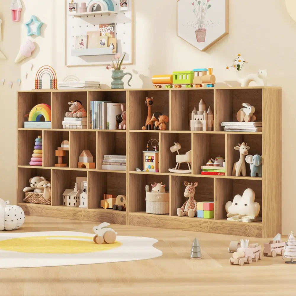 41 inches Wooden Toy Storage Organizer with 10 Cubes for Kids-Natural - Natural - Kids Storage