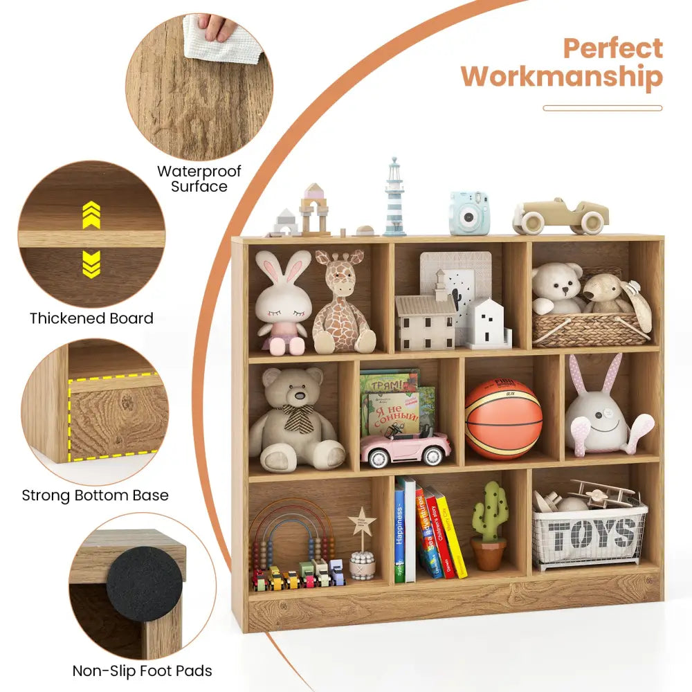 41 inches Wooden Toy Storage Organizer with 10 Cubes for Kids-Natural - Natural - Kids Storage