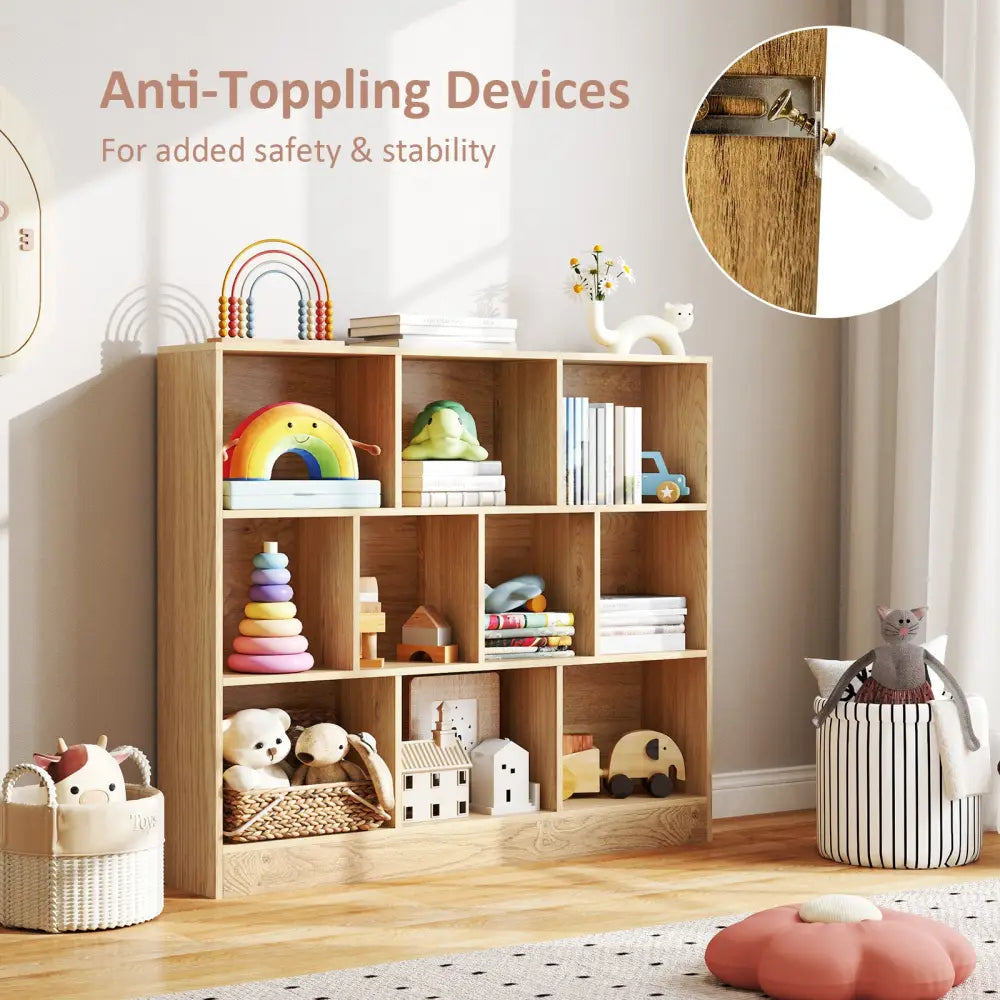 41 inches Wooden Toy Storage Organizer with 10 Cubes for Kids-Natural - Natural - Kids Storage