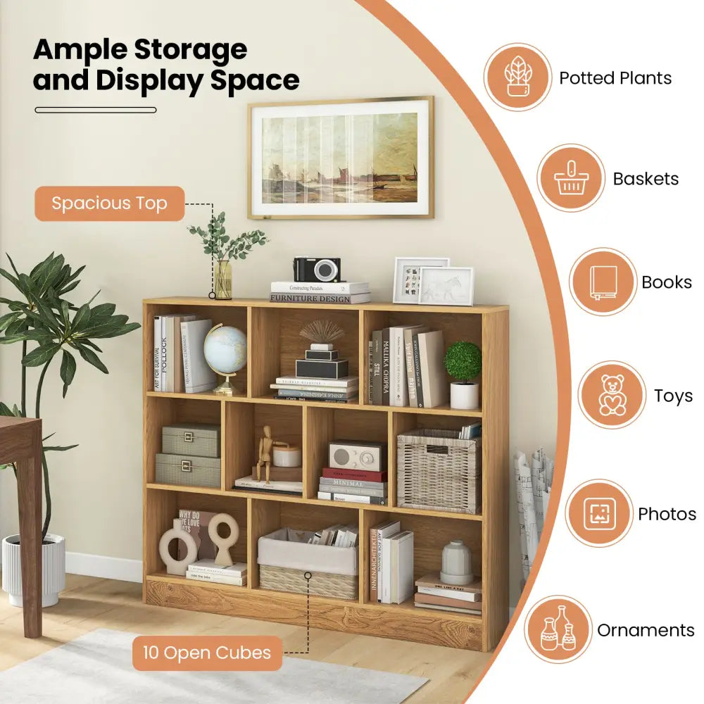 41 inches Wooden Toy Storage Organizer with 10 Cubes for Kids-Natural - Natural - Kids Storage