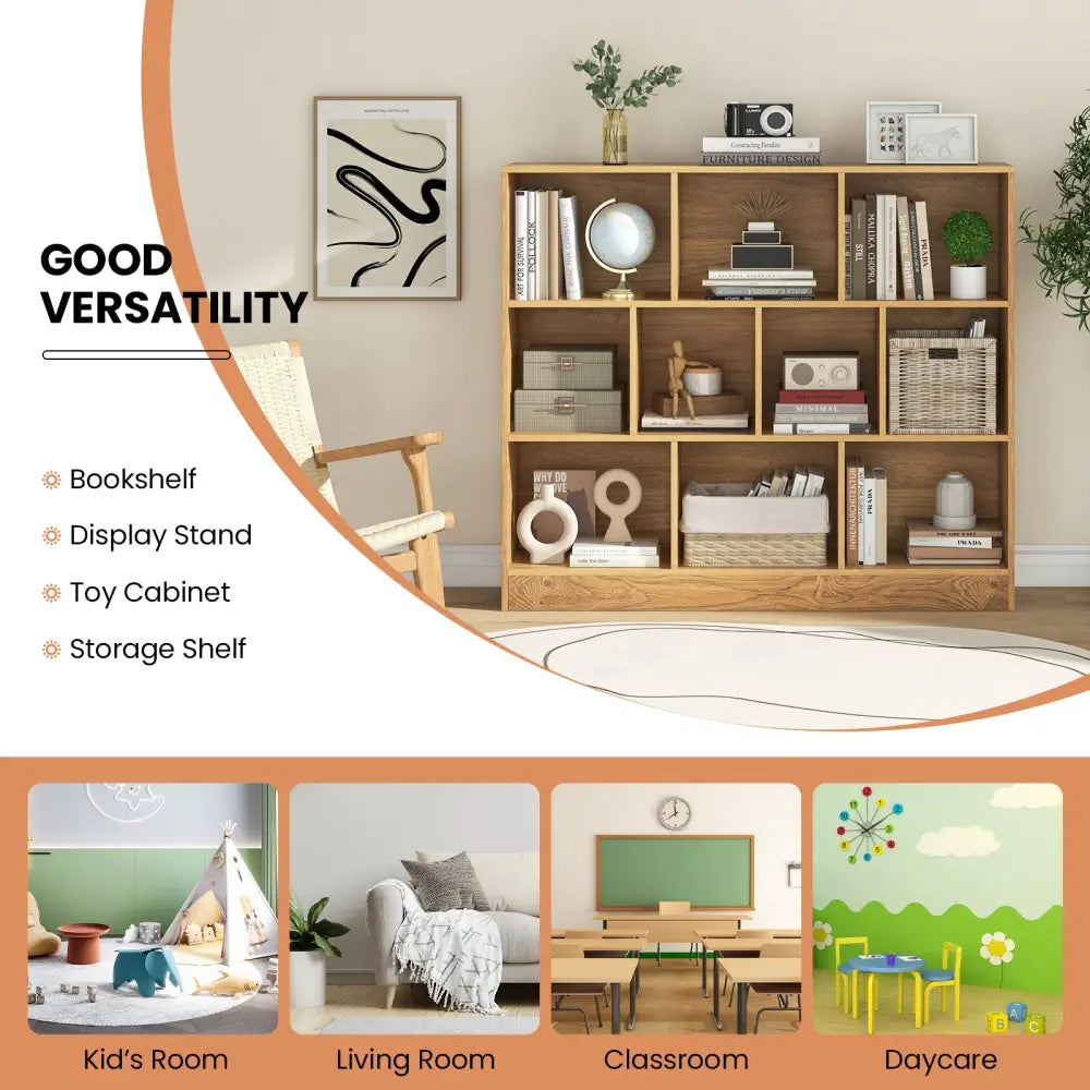 41 inches Wooden Toy Storage Organizer with 10 Cubes for Kids-Natural - Natural - Kids Storage