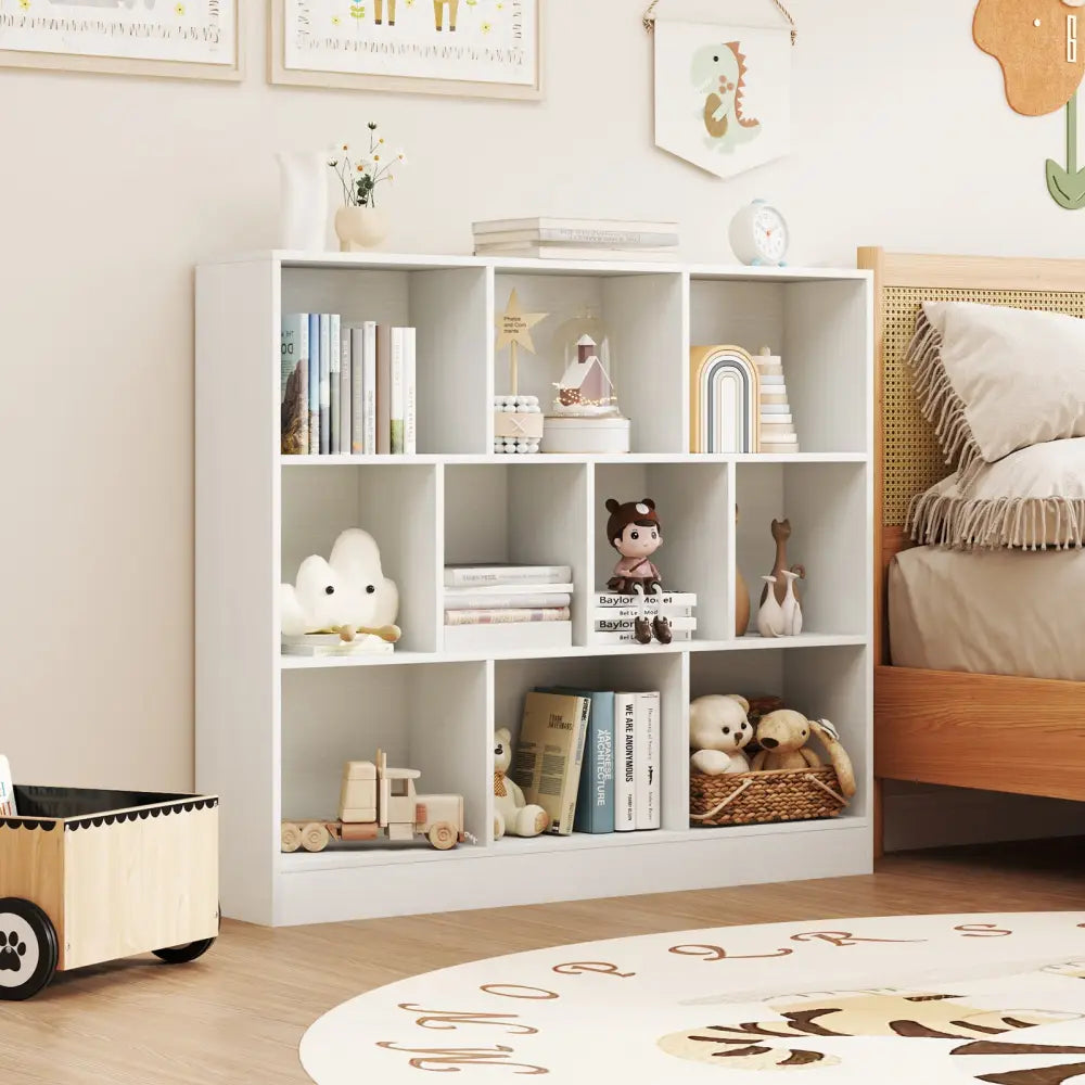 41 inches Wooden Toy Storage Organizer with 10 Cubes for Kids-White - White - Kids Storage