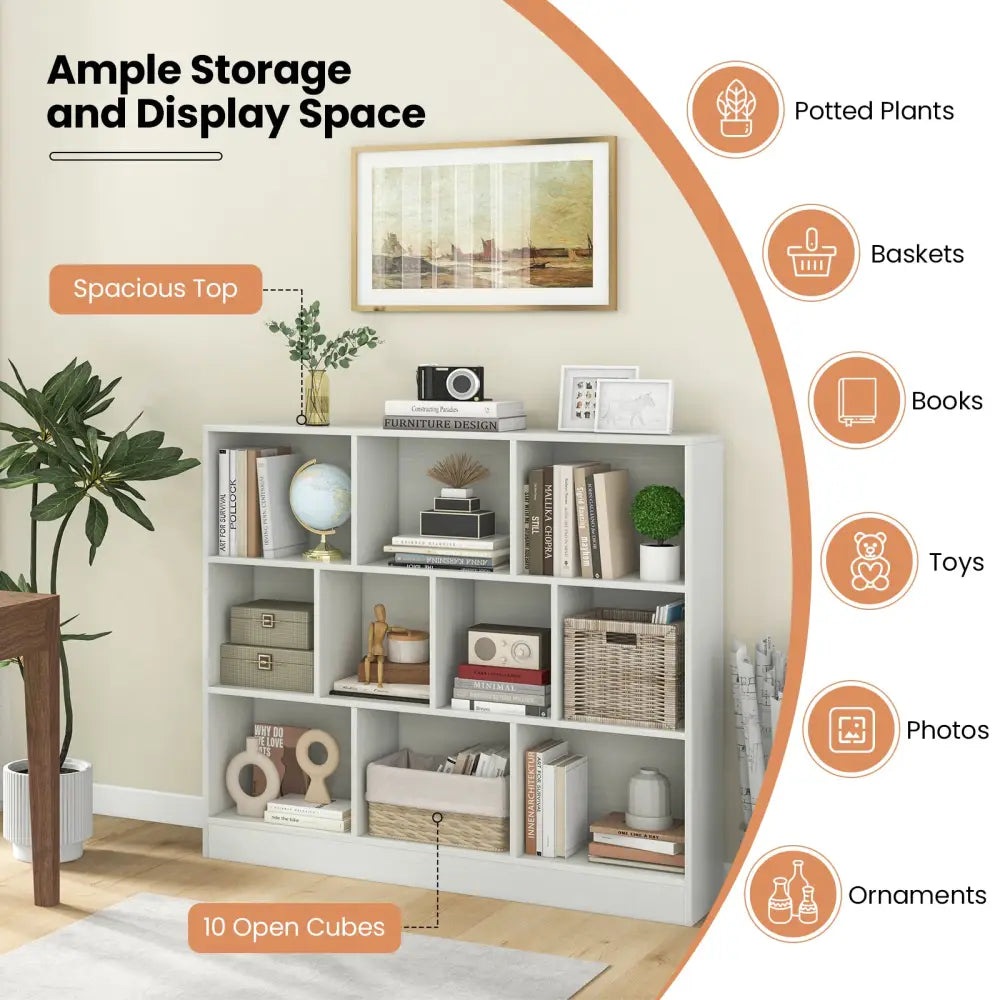 41 inches Wooden Toy Storage Organizer with 10 Cubes for Kids-White - White - Kids Storage