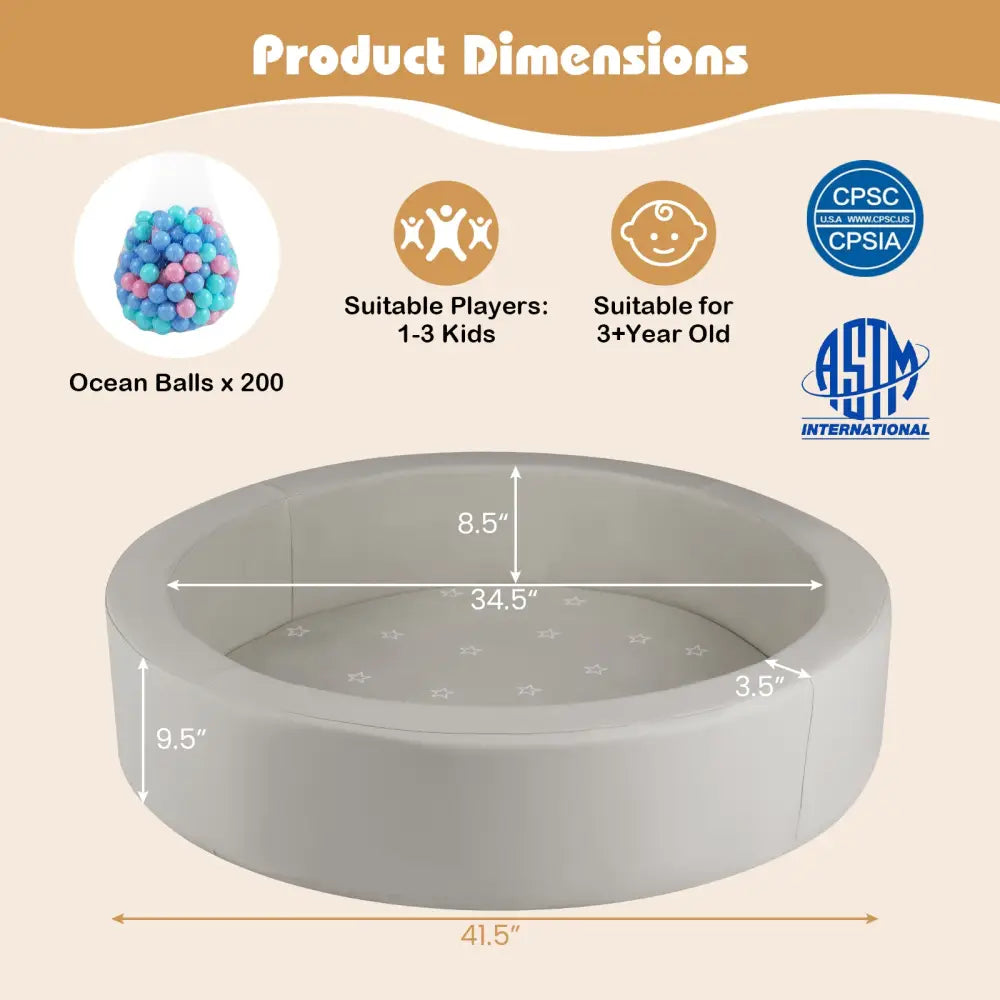 42.5 Inch Round Foam Ball Pits with 25D Sponge Filling and Washable PU Cover for Toddlers-Gray - Gray - Climbers &