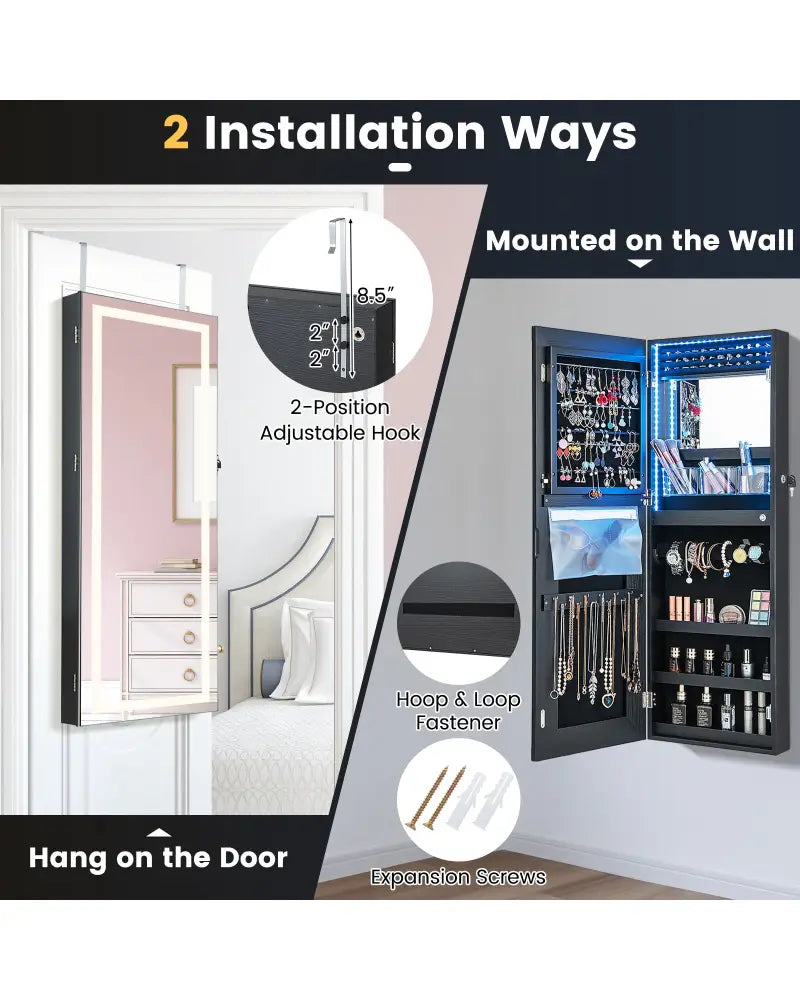 42.5 Inches Lockable Jewelry Mirror Wall Cabinet with 3-Color LED Lights-Black - Black - Jewelry Armoires
