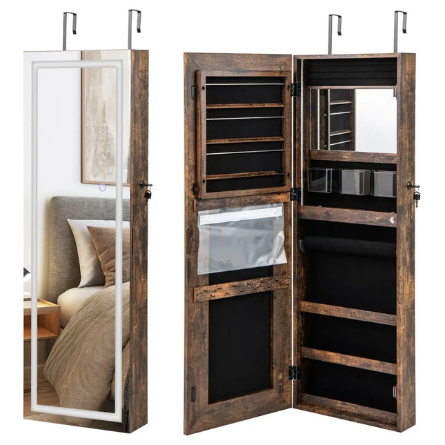 42.5 Inches Lockable Jewelry Mirror Wall Cabinet with 3-Color LED Lights-Rustic Brown Costway