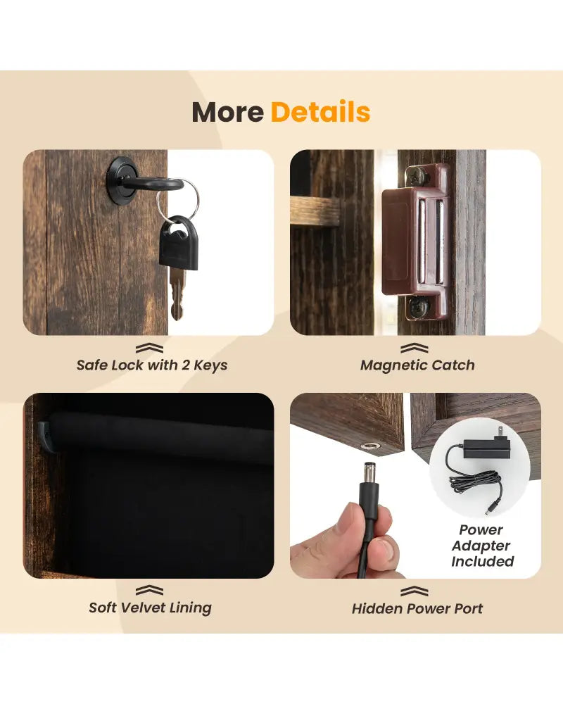42.5 Inches Lockable Jewelry Mirror Wall Cabinet with 3-Color LED Lights-Rustic Brown - Rustic Brown - Jewelry Armoires