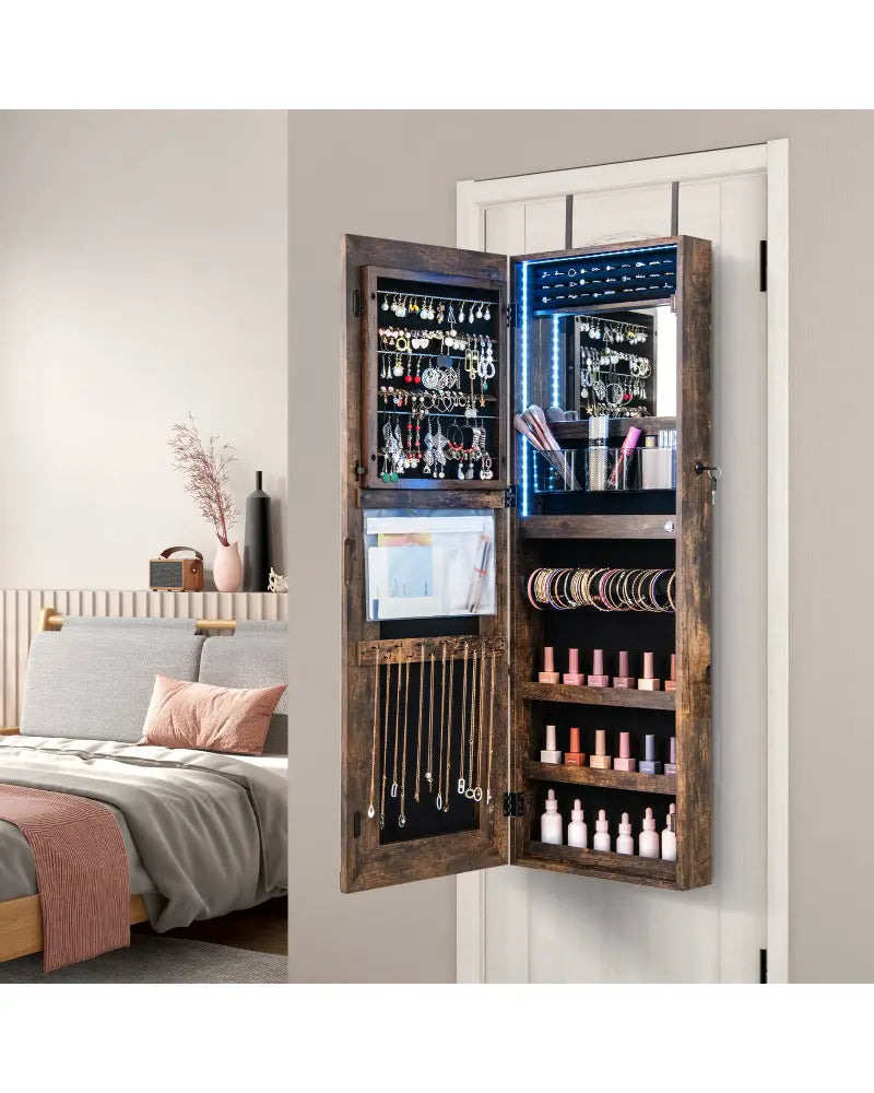 42.5 Inches Lockable Jewelry Mirror Wall Cabinet with 3-Color LED Lights-Rustic Brown - Rustic Brown - Jewelry Armoires