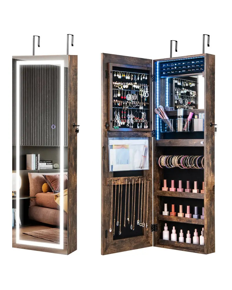 42.5 Inches Lockable Jewelry Mirror Wall Cabinet with 3-Color LED Lights-Rustic Brown - Rustic Brown - Jewelry Armoires