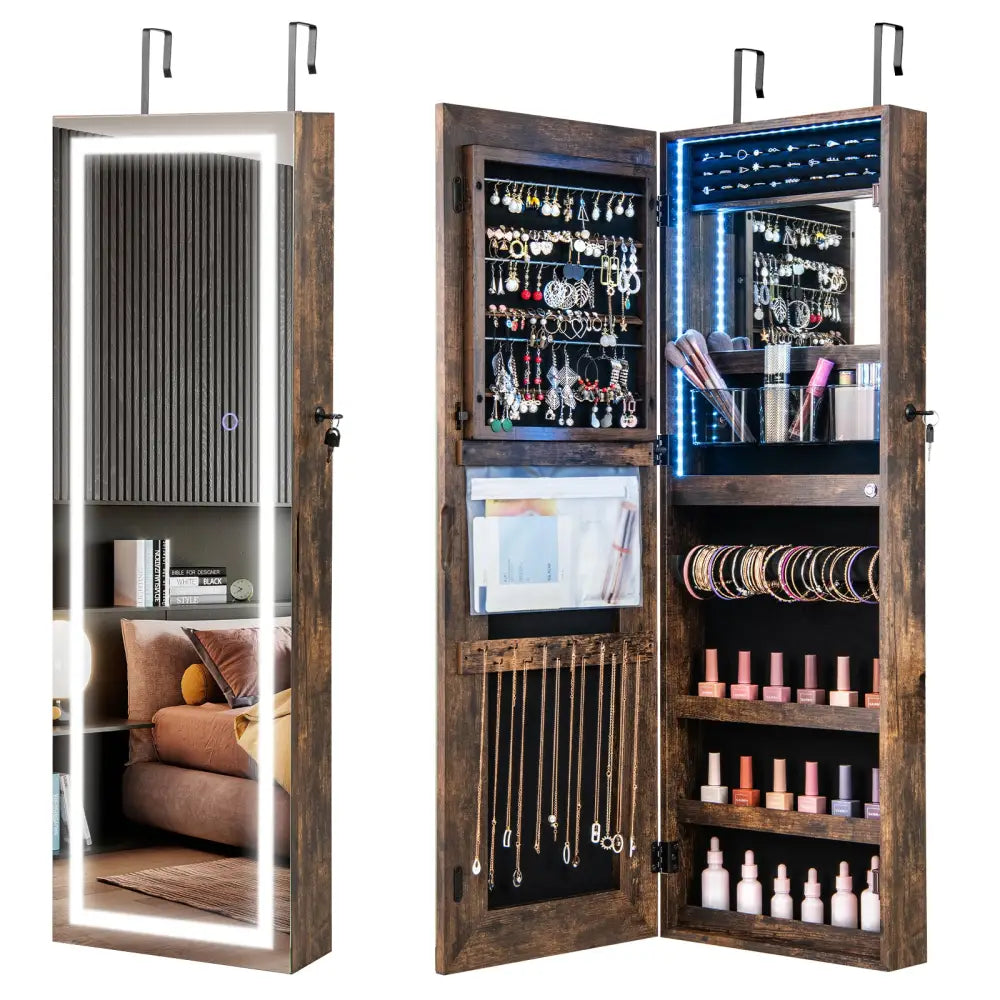 42.5 Inches Lockable Jewelry Mirror Wall Cabinet with 3-Color LED Lights-Rustic Brown - Rustic Brown - Jewelry Armoires