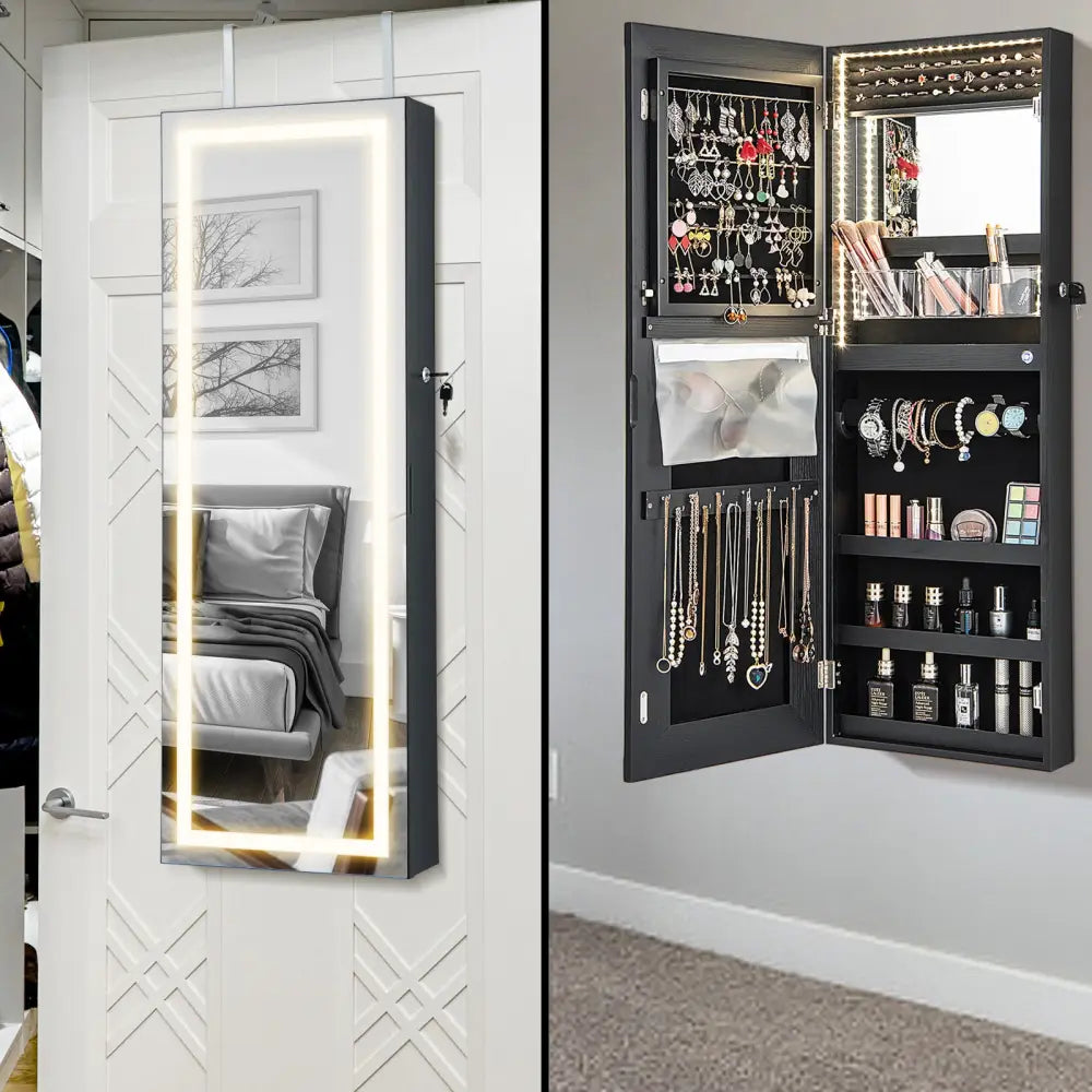 42.5 Inches Lockable Jewelry Mirror Wall Cabinet with 3-Color LED Lights-Black - Black - Jewelry Armoires