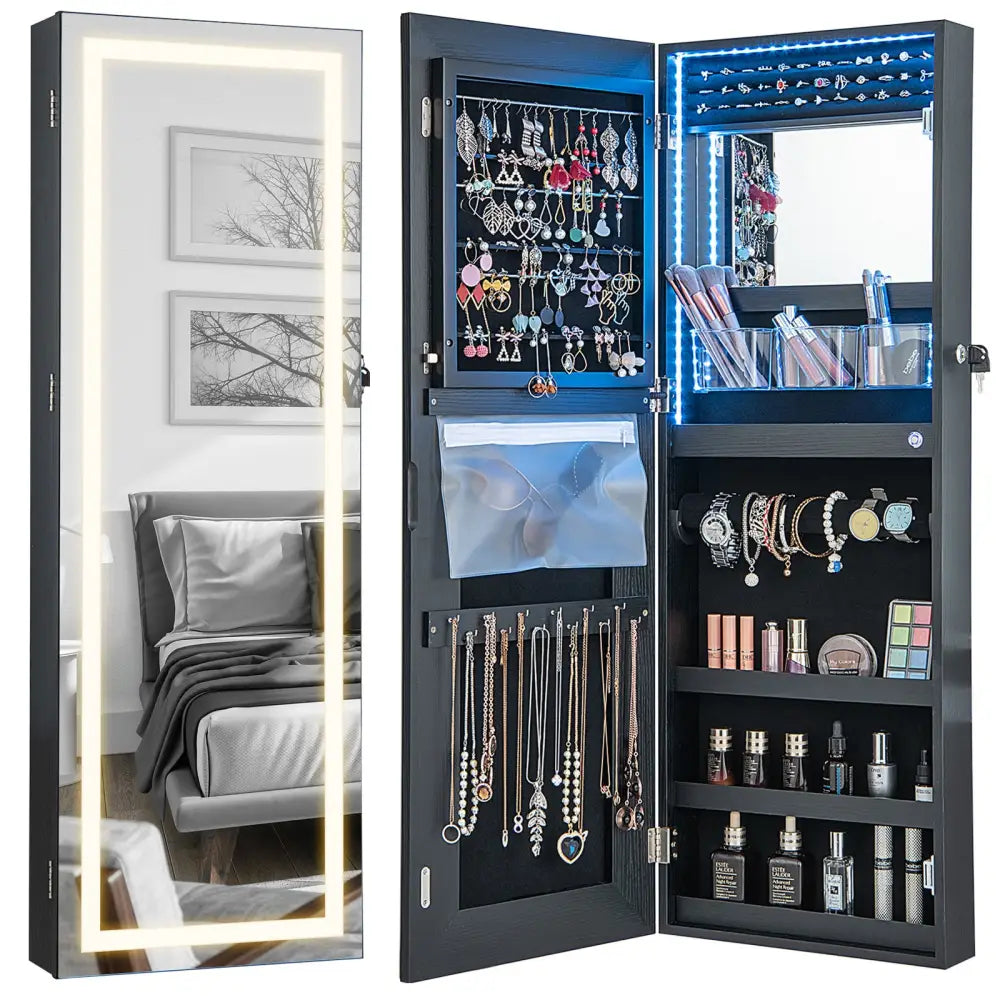 42.5 Inches Lockable Jewelry Mirror Wall Cabinet with 3-Color LED Lights-Black - Black - Jewelry Armoires
