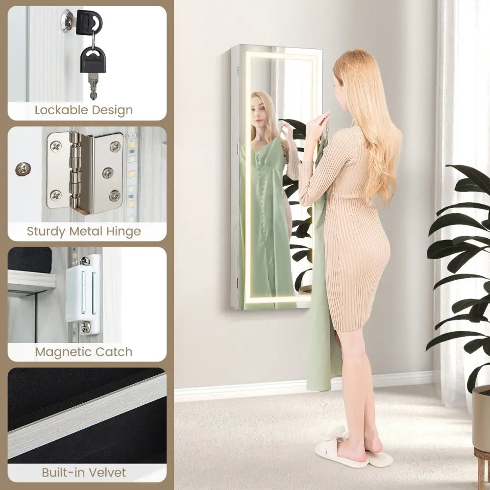 42.5 Inches Lockable Jewelry Mirror Wall Cabinet with 3-Color LED Lights-White - White - Jewelry Armoires