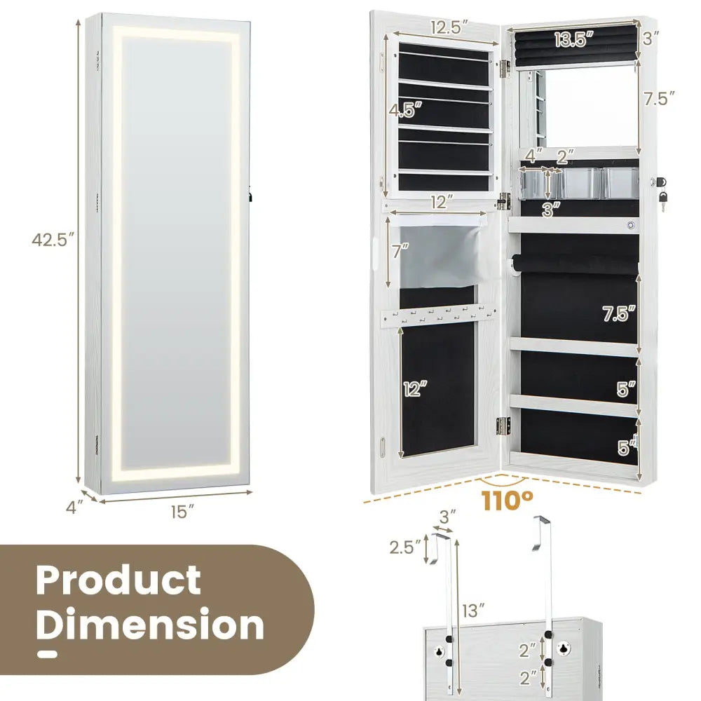 42.5 Inches Lockable Jewelry Mirror Wall Cabinet with 3-Color LED Lights-White - White - Jewelry Armoires