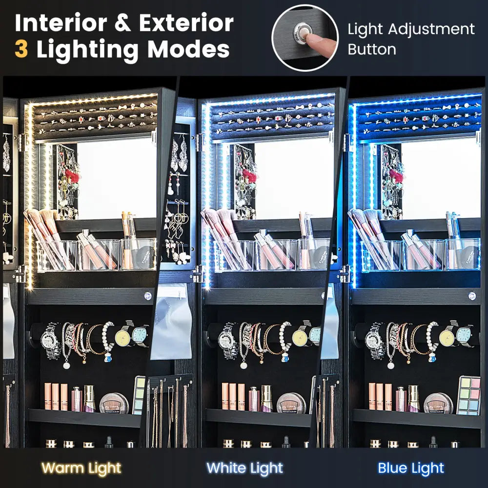 42.5 Inches Lockable Jewelry Mirror Wall Cabinet with 3-Color LED Lights-Black - Black - Jewelry Armoires