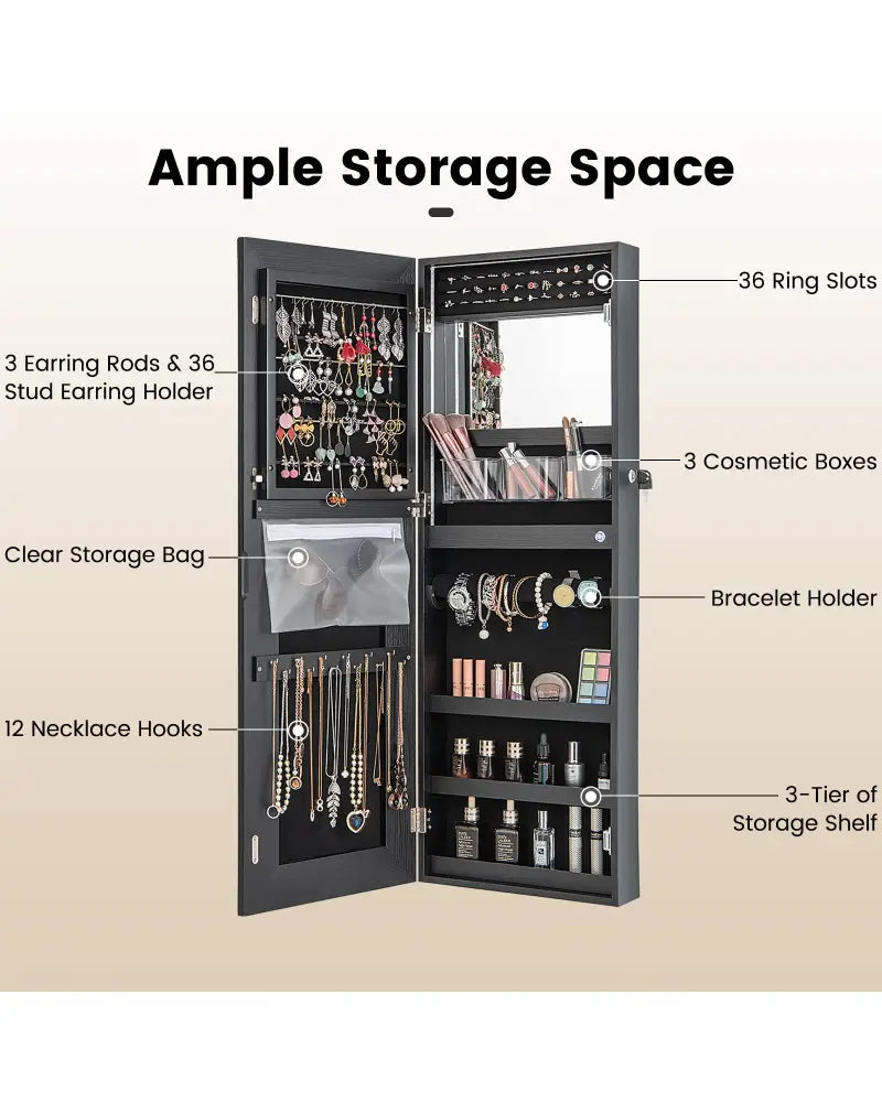 42.5 Inches Lockable Jewelry Mirror Wall Cabinet with 3-Color LED Lights-Black - Black - Jewelry Armoires