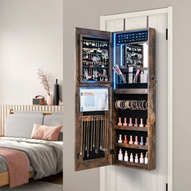 42.5 Inches Lockable Jewelry Mirror Wall Cabinet with 3-Color LED Lights-Rustic Brown Costway