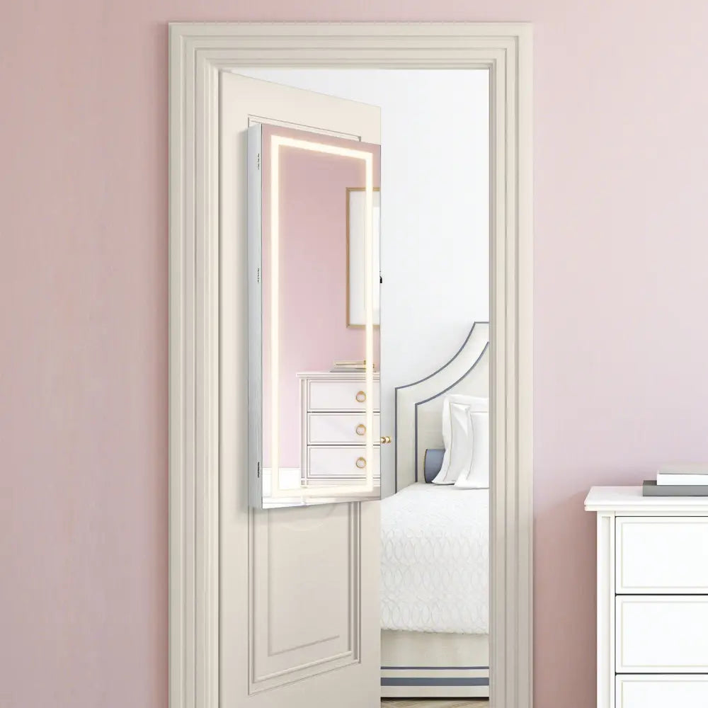 42.5 Inches Lockable Jewelry Mirror Wall Cabinet with 3-Color LED Lights-White - White - Jewelry Armoires