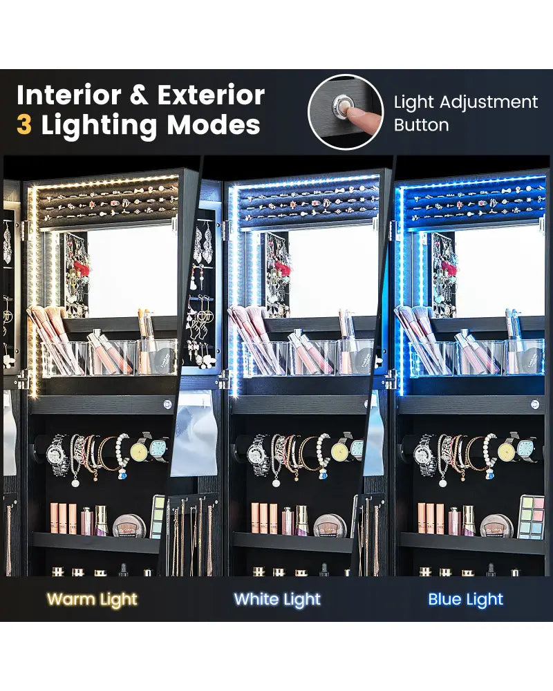 42.5 Inches Lockable Jewelry Mirror Wall Cabinet with 3-Color LED Lights-Black - Black - Jewelry Armoires