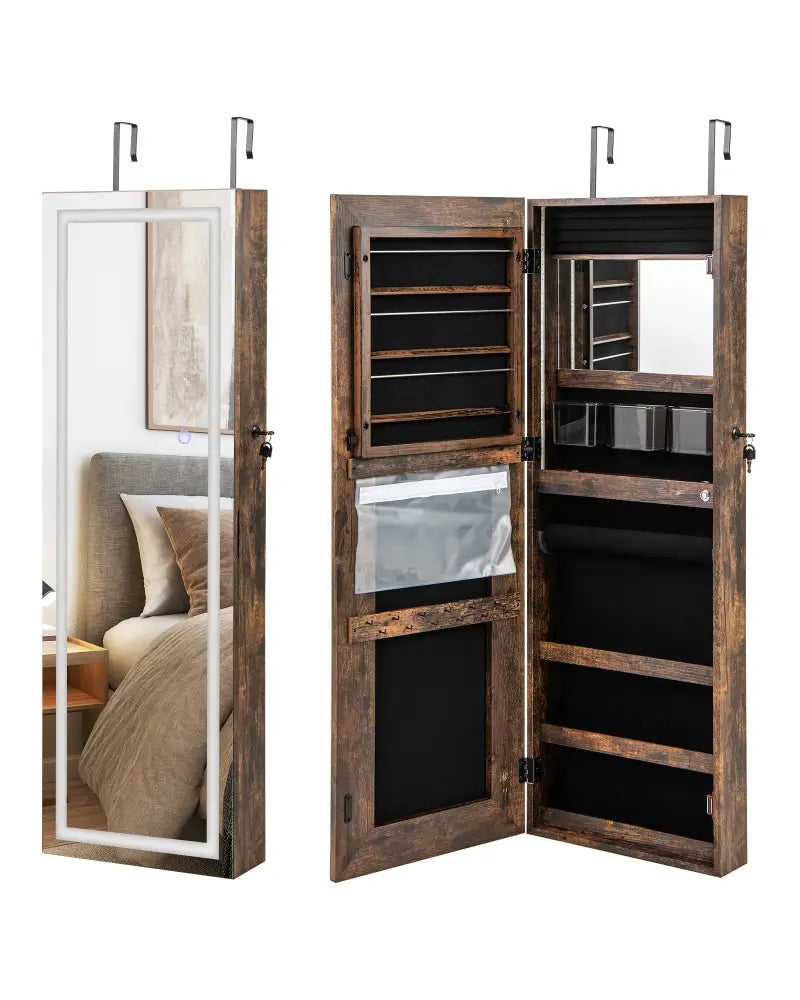 42.5 Inches Lockable Jewelry Mirror Wall Cabinet with 3-Color LED Lights-Rustic Brown - Rustic Brown - Jewelry Armoires