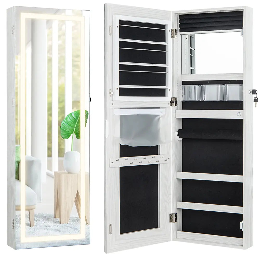 42.5 Inches Lockable Jewelry Mirror Wall Cabinet with 3-Color LED Lights-White - White - Jewelry Armoires
