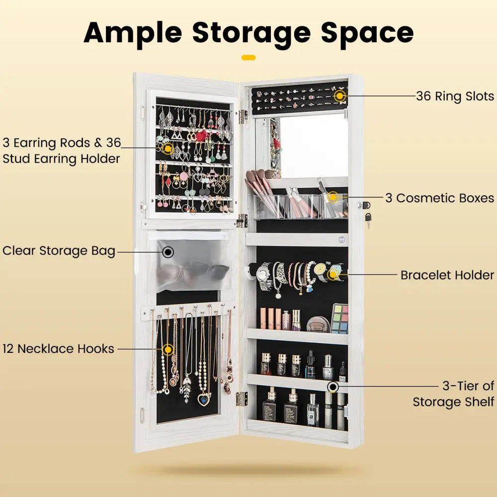 42.5 Inches Lockable Jewelry Mirror Wall Cabinet with 3-Color LED Lights-White - White - Jewelry Armoires