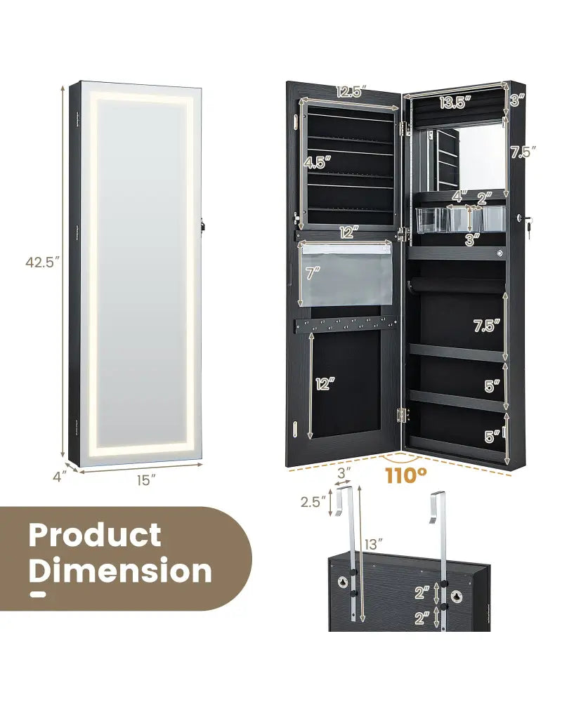 42.5 Inches Lockable Jewelry Mirror Wall Cabinet with 3-Color LED Lights-Black - Black - Jewelry Armoires