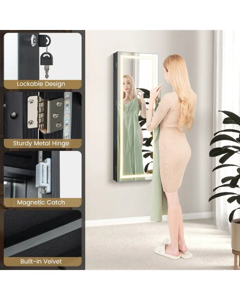 42.5 Inches Lockable Jewelry Mirror Wall Cabinet with 3-Color LED Lights-Black - Black - Jewelry Armoires