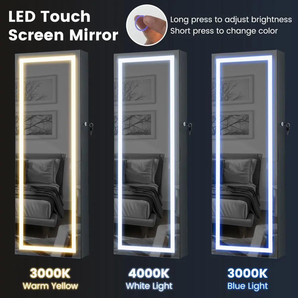 42.5 Inches Lockable Jewelry Mirror Wall Cabinet with 3-Color LED Lights-Black - Black - Jewelry Armoires