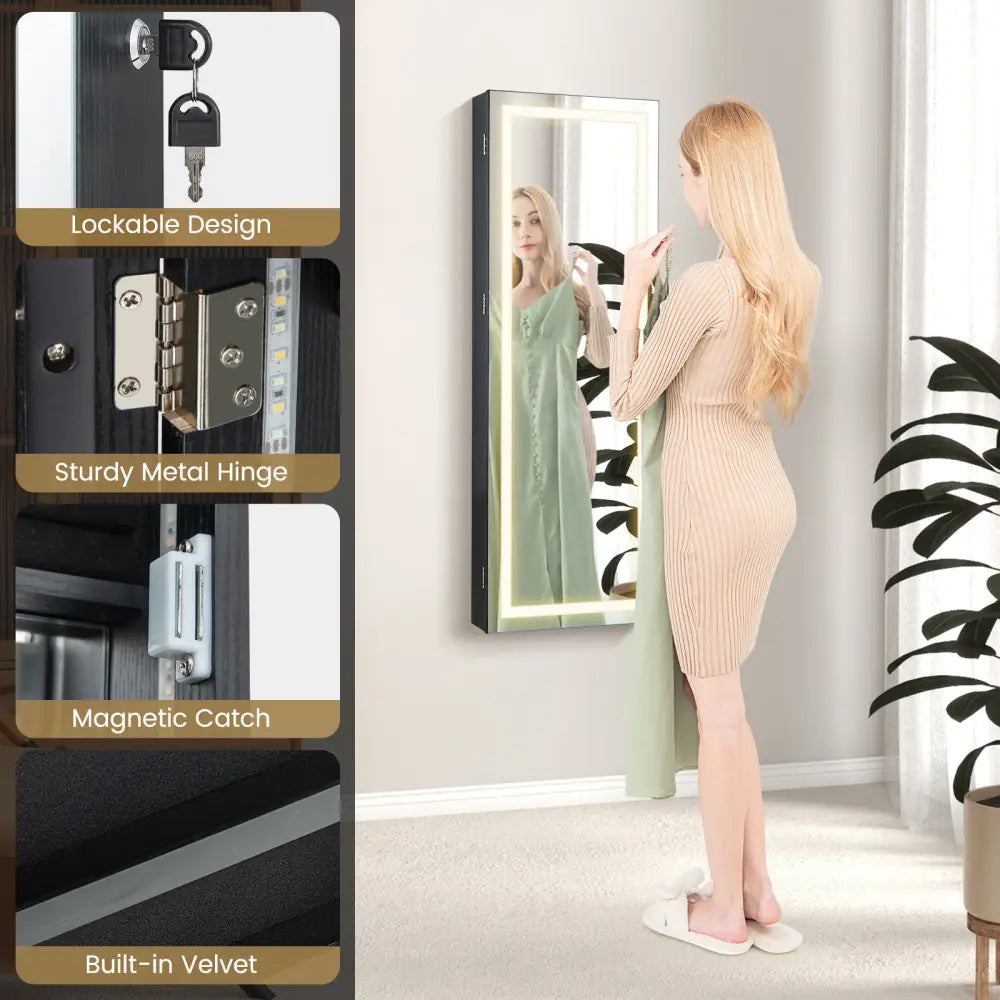 42.5 Inches Lockable Jewelry Mirror Wall Cabinet with 3-Color LED Lights-Black - Black - Jewelry Armoires