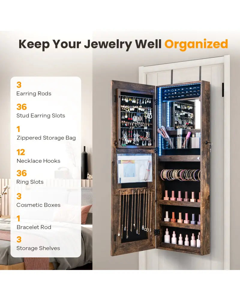 42.5 Inches Lockable Jewelry Mirror Wall Cabinet with 3-Color LED Lights-Rustic Brown - Rustic Brown - Jewelry Armoires