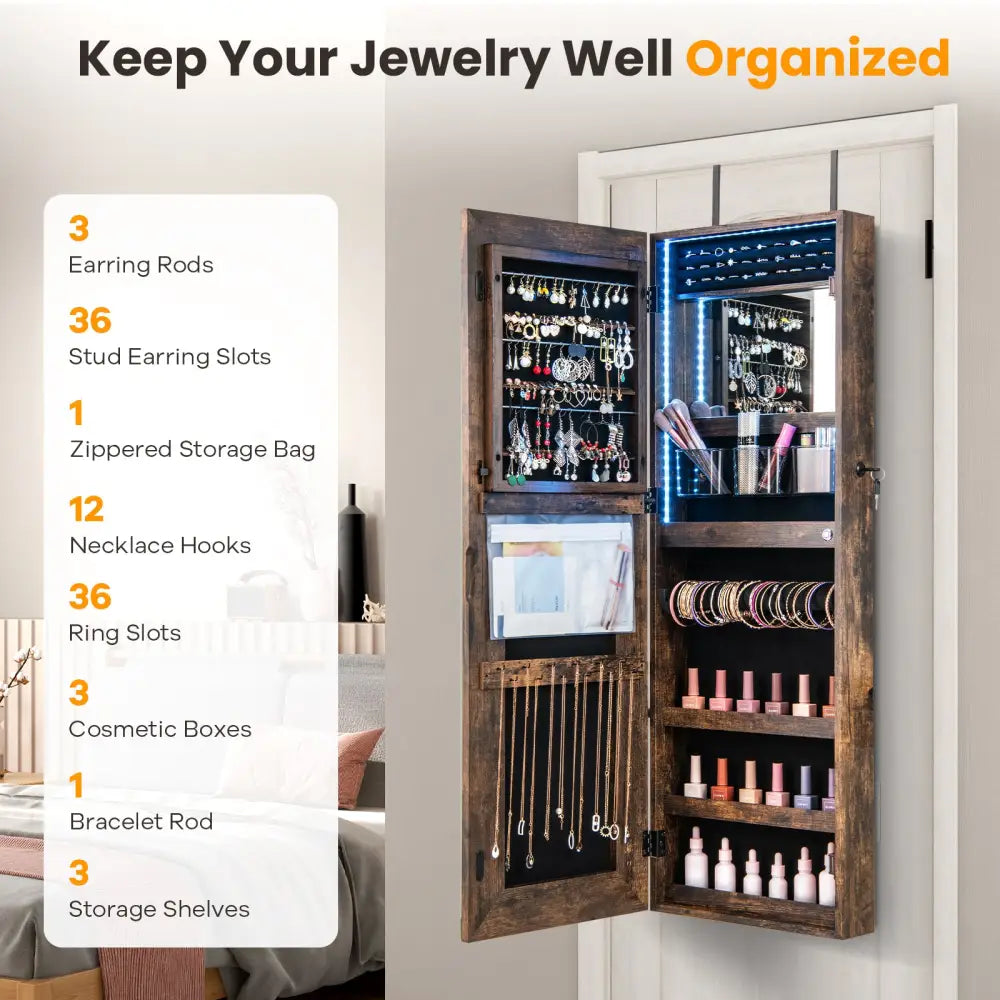42.5 Inches Lockable Jewelry Mirror Wall Cabinet with 3-Color LED Lights-Rustic Brown - Rustic Brown - Jewelry Armoires