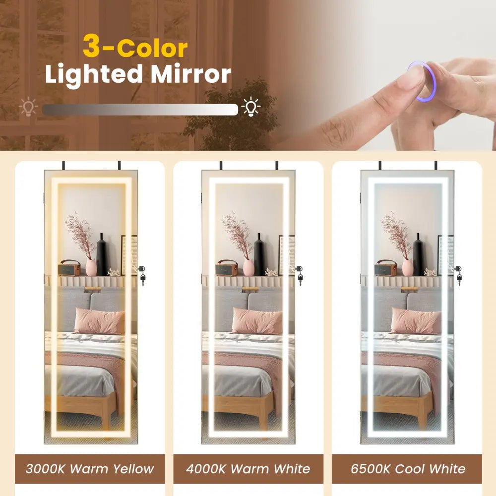 42.5 Inches Lockable Jewelry Mirror Wall Cabinet with 3-Color LED Lights-Rustic Brown - Rustic Brown - Jewelry Armoires