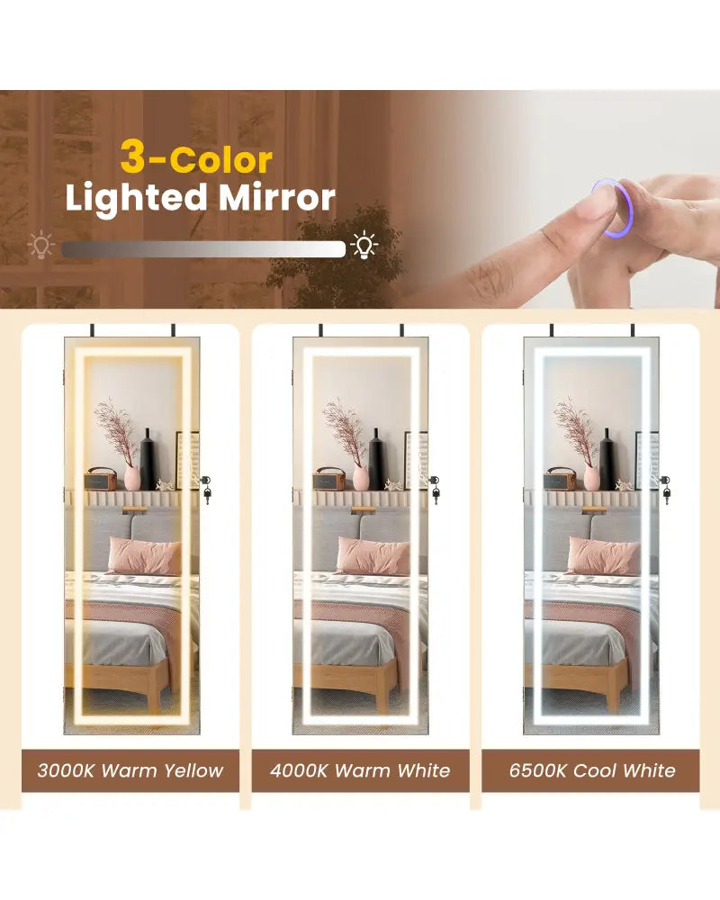 42.5 Inches Lockable Jewelry Mirror Wall Cabinet with 3-Color LED Lights-Rustic Brown - Rustic Brown - Jewelry Armoires