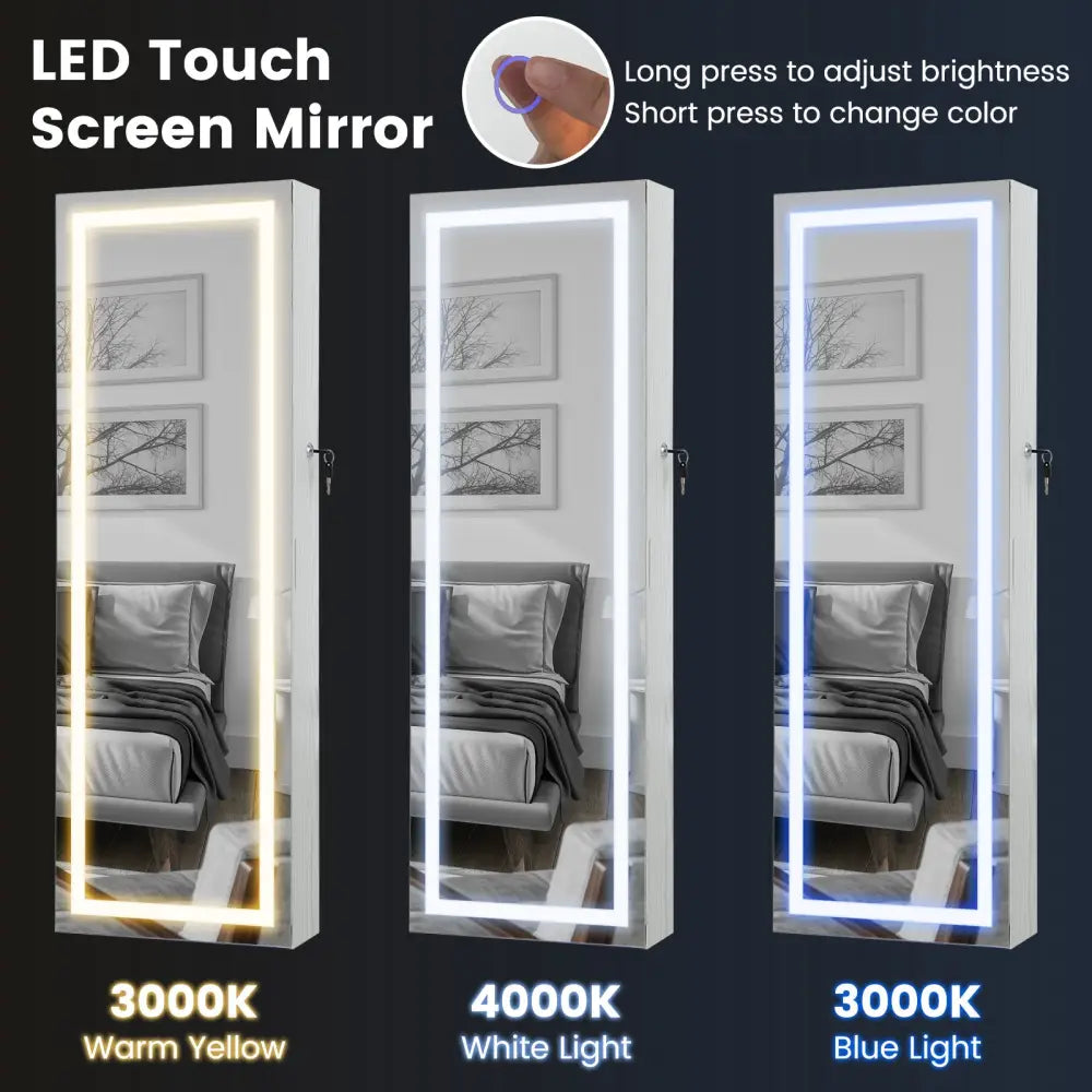 42.5 Inches Lockable Jewelry Mirror Wall Cabinet with 3-Color LED Lights-White - White - Jewelry Armoires