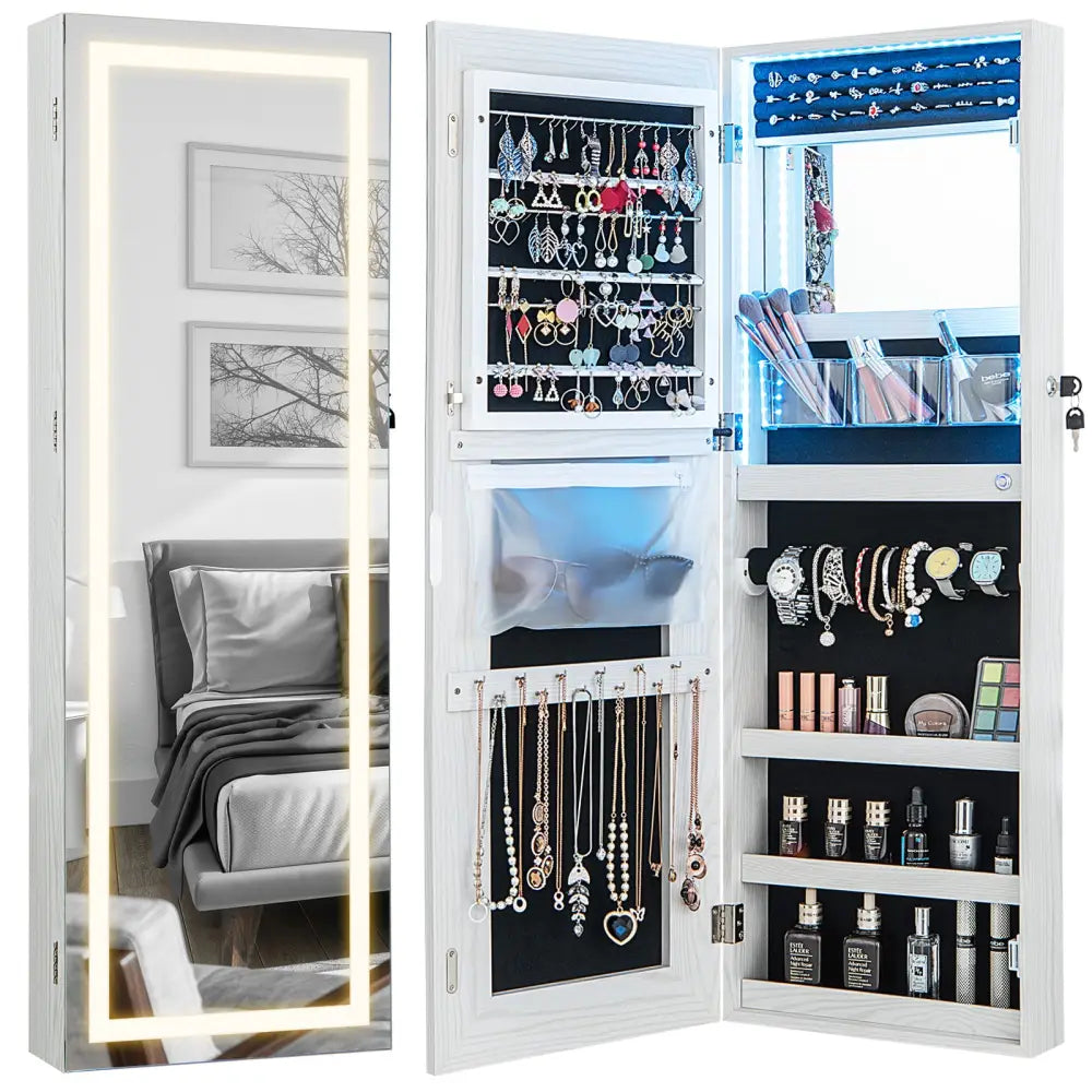 42.5 Inches Lockable Jewelry Mirror Wall Cabinet with 3-Color LED Lights-White - White - Jewelry Armoires