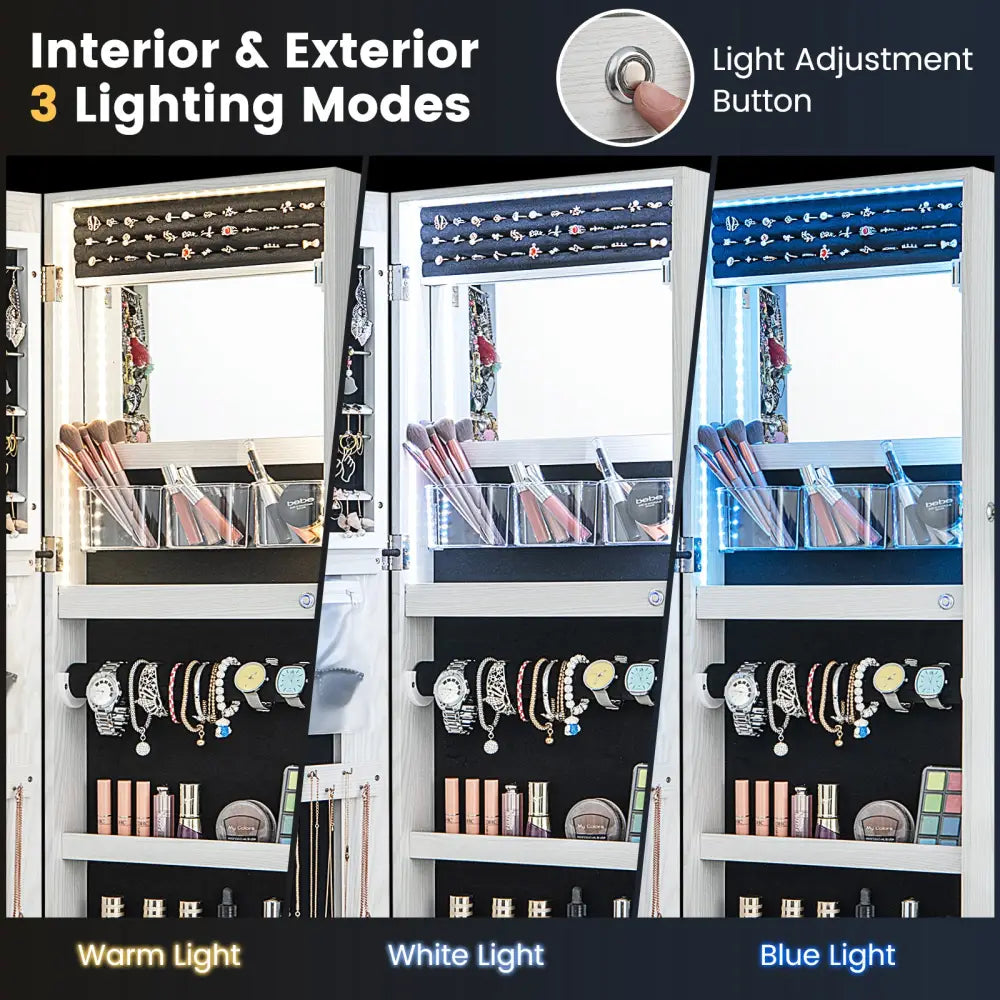 42.5 Inches Lockable Jewelry Mirror Wall Cabinet with 3-Color LED Lights-White - White - Jewelry Armoires